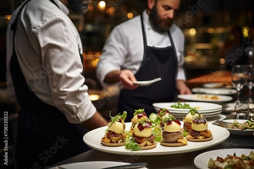 Chefs preparing plates with gourmet food in a professional kitchen.