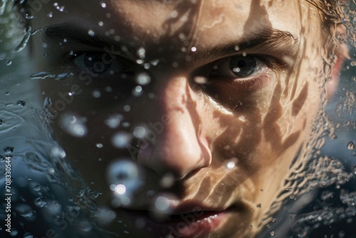 Close-up of a young man's face partially submerged in clear water.