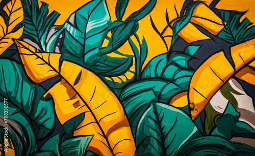 Graffiti drawing of tropical leaves with yellow, in the style of hip hop aesthetics. 