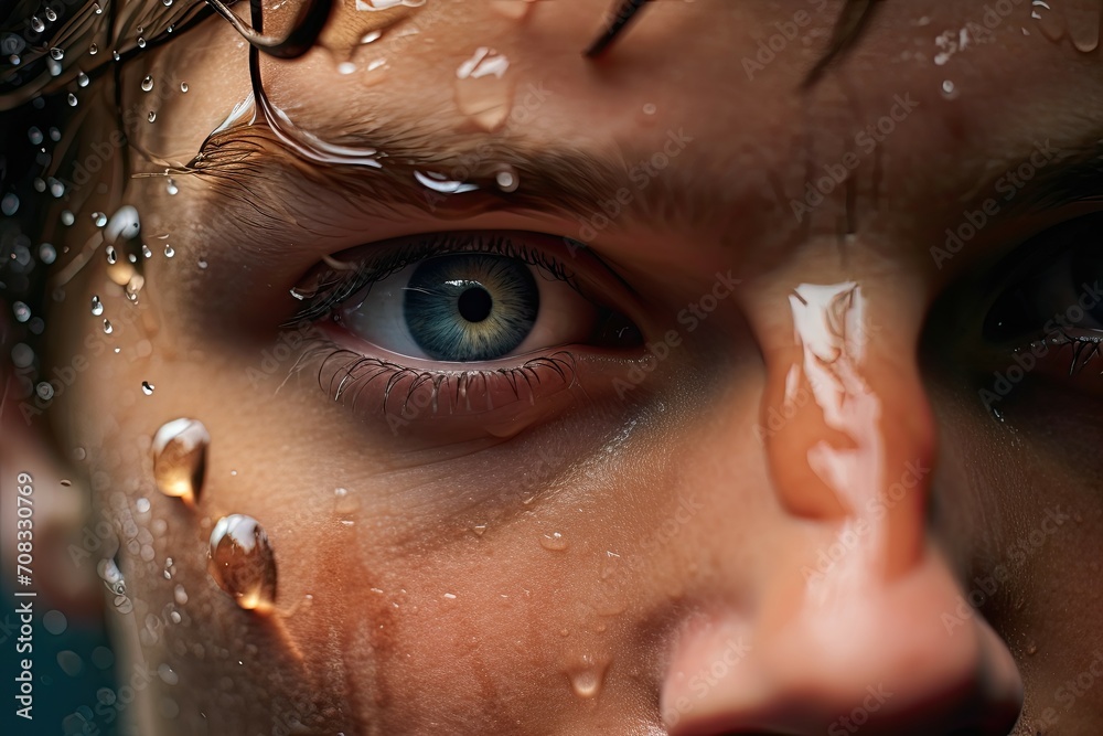 A person's intense gaze through clear water, bubbles and droplets adding to the emotion.