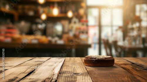 empty wood table top and blur of room with a chocolate cake day decoration background. AI Generative