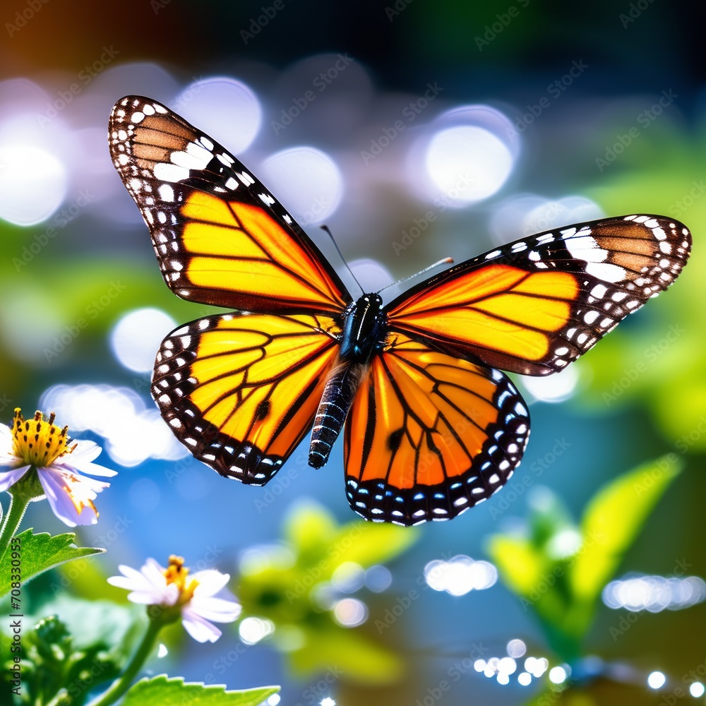Graceful Monarch Butterfly Flying Among Blooming Flowers. Generative AI.