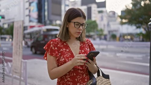 Beautiful hispanic woman with glasses in tokyo, digital connection via smartphone on city streets photo