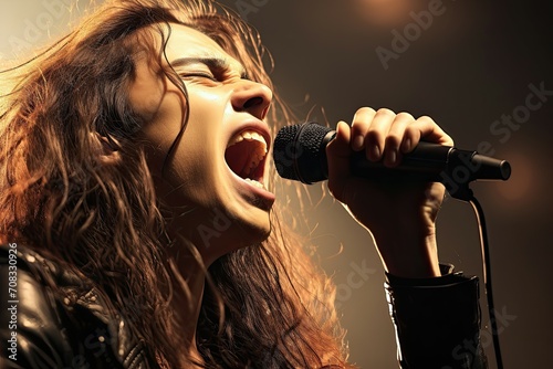 Female singer delivering a powerful performance with a microphone in hand.