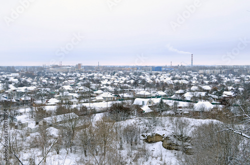 Winter city. heaven. View of the city from above.