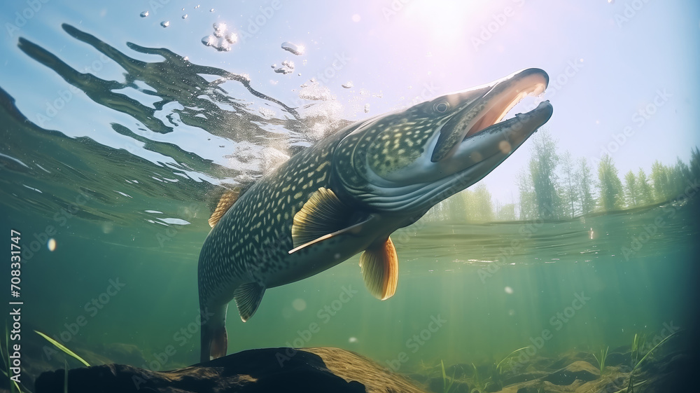 Predatory fish pike in habitat, under water looking for prey. Sport fishing concept. Predatory fish pike in habitat, under water looking for prey. Sport fishing concept.