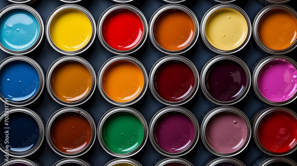 Flat lay open cans of color paint, top view. Flat lay open cans of color paint, top view.
