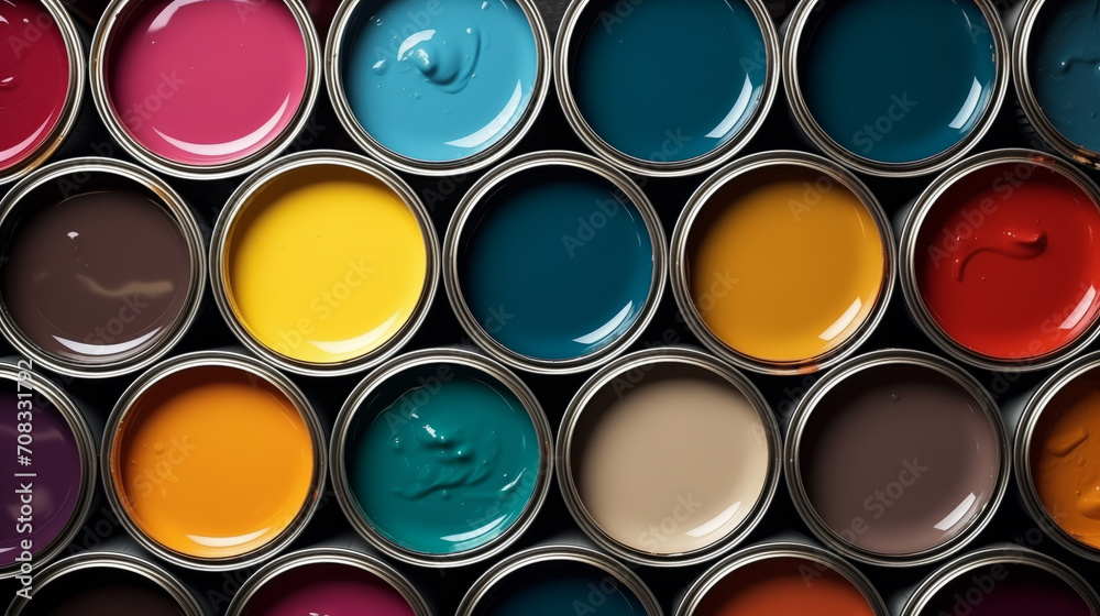 Flat lay open cans of color paint, top view. Flat lay open cans of color paint, top view.