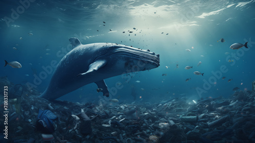 Concept plastic pollution water and human waste. Blue whale floating among garbage in ocean. © Adin