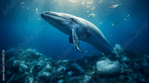 Concept plastic pollution water and human waste. Blue whale floating among garbage in ocean.