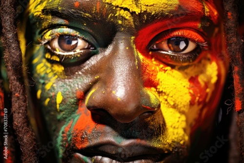 Intense gaze of a man with face painted in bold Jamaican colors.