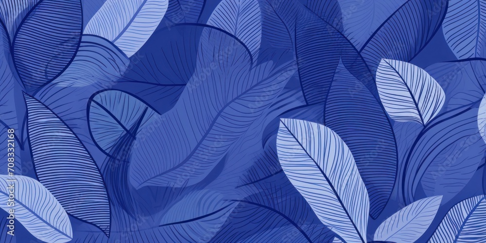 Abstract foliage line art  background. blue leaf wallpaper of tropical leaves, leaf branch, plants in hand drawn pattern. Botanical jungle illustrated for banner, prints, decoration, Generative AI
