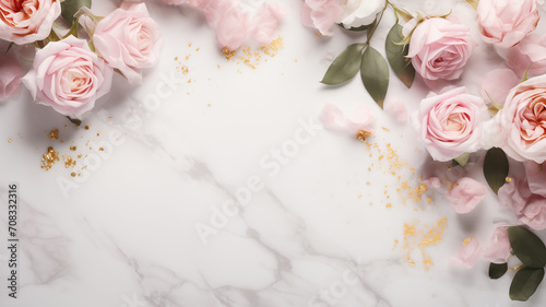 white marble background with scattered blush pink roses and delicate gold leaf photo