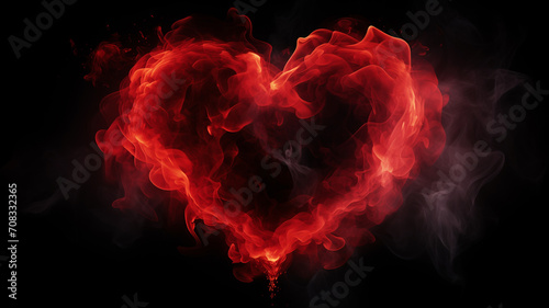 Red smoke and fire on a black background  in the shape of a glowing heart.