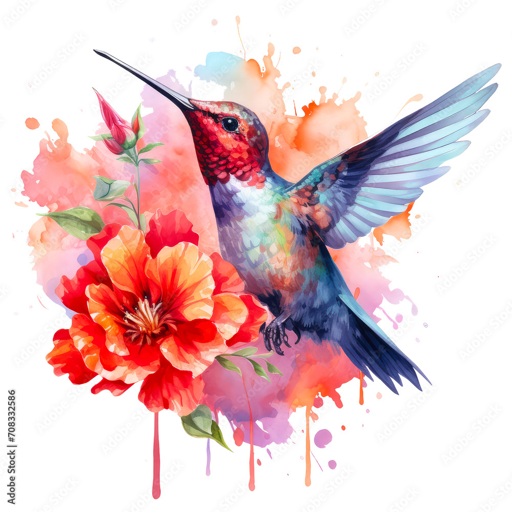 Obraz premium A painting of a hummingbird flying over a bunch of flowers with watercolor splashes on it.