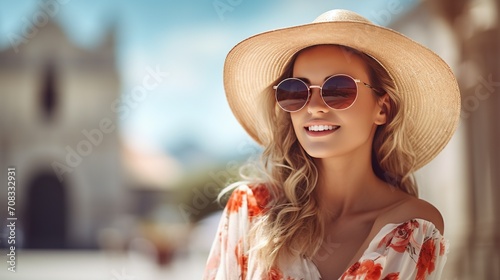 Capture the grace and charm of a pretty woman enjoying a sunny summer day, adorned with sunglasses and a fashionable hat photo