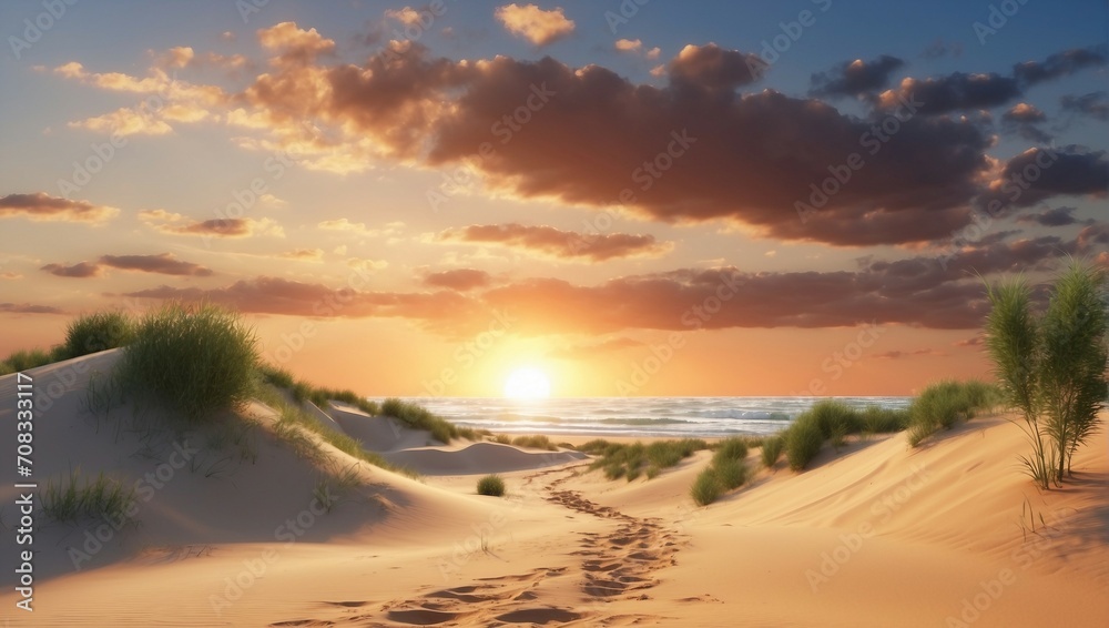 Serene Sunset over Sandy Beach Dunes with Ocean View