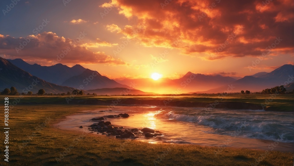 Breathtaking mountain landscape with golden sunset and flowing river
