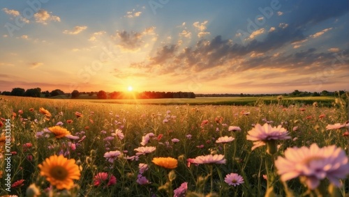 Wildflower Meadow at Sunset with Vivid Colors