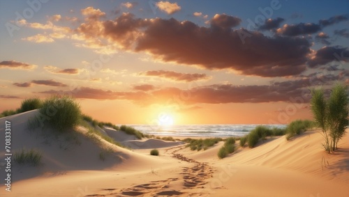 Serene Sunset over Sandy Beach Dunes with Ocean View © noah