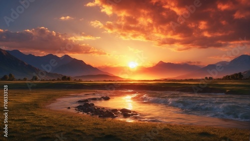 Breathtaking mountain landscape with golden sunset and flowing river