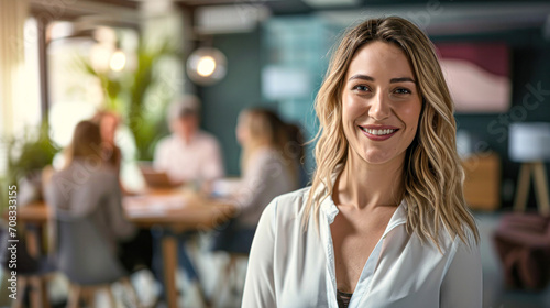 Smiling young businesswoman standing in an office with workers talking together at a table in the background