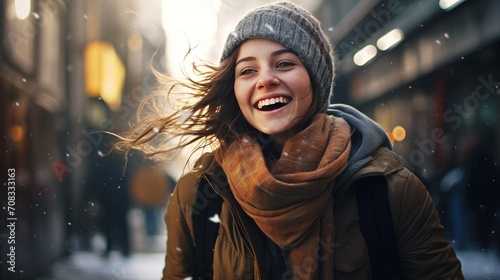 Capture the warmth and joy of a woman with a scarf, smiling amidst the urban landscape