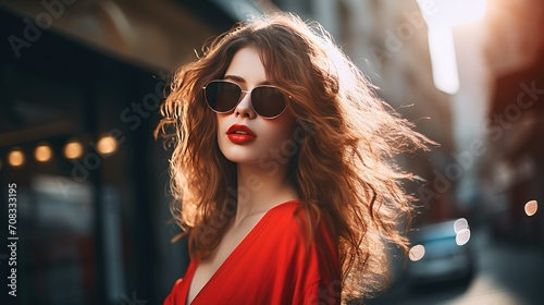 Create a captivating portrait of a young woman in sunglasses, radiating beauty and poise against the backdrop of an atmospheric street © LaxmiOwl