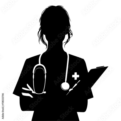 a female doctor vector silhouette, standing pose, black color silhouette, white background photo