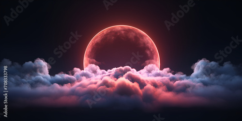 Generative AI, circle shape glowing with neon light inside the soft colorful cloud, fantasy pink and purple sky,3d render abstract cloud illuminated with neon light background,Clouds with a circle 