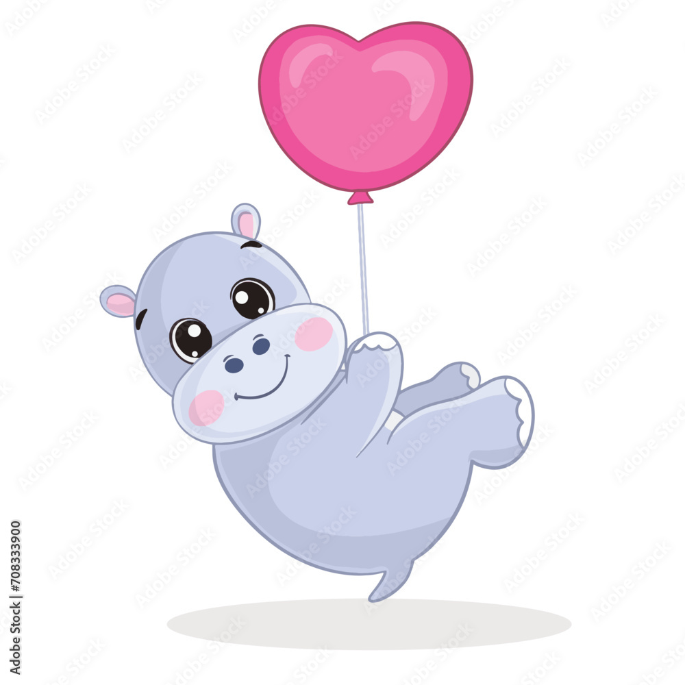 Obraz premium Cute hippo flying on love balloons for valentine day Illustration