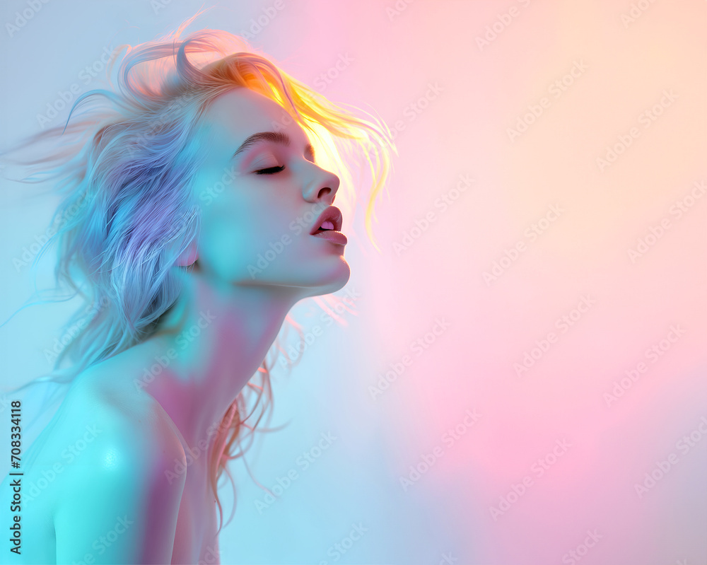 Fashion editorial Concept. Stunning natural face beautiful woman with pastel colourful rainbow iridescent flowing hair. illuminated with dynamic composition and dramatic lighting. copy text space	
