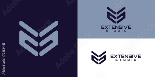abstract initial letter E and S in blue pastel color isolated in dark violet background applied for creative digital agency logo also suitable for the brand or company that has initial name ES or SE photo