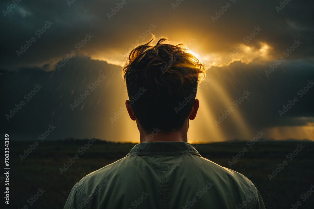 Silhouette of a young man standing on the hill and looking at the sunset.