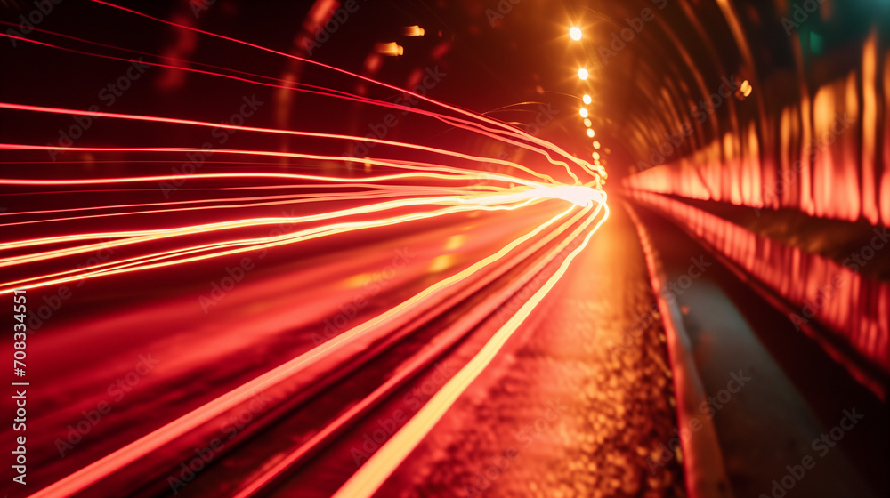 A photograph taken during an extended exposure capturing mesmerizing light trails within a nighttime tunnel