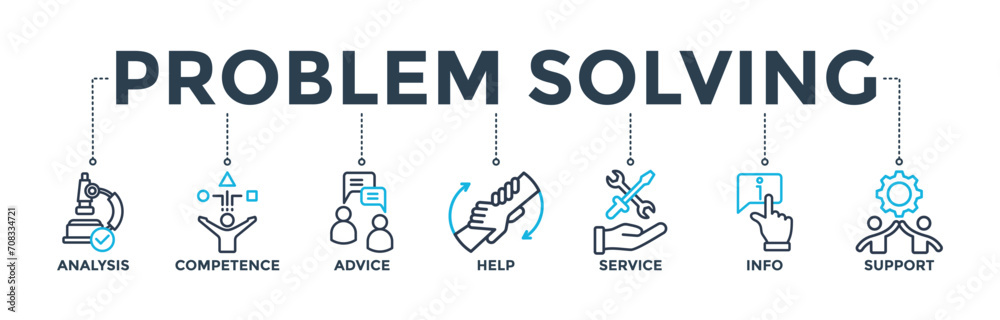 Problem solving banner concept with icon of analysis, competence, advice, help, service, info, and support.  Web icon vector illustration 