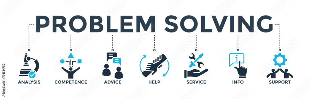 Problem solving banner concept with icon of analysis, competence, advice, help, service, info, and support. Web icon vector illustration Problem solving banner concept with icon of analysis, competence, advice, help, service, info, and support. Web icon vector illustration