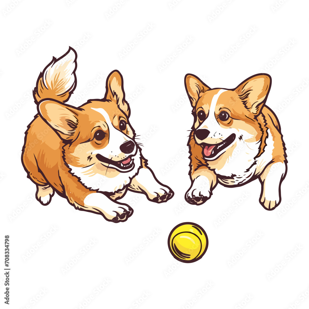 Two corgis playfully chasing a tennis ball Two corgis playfully chasing a tennis ball