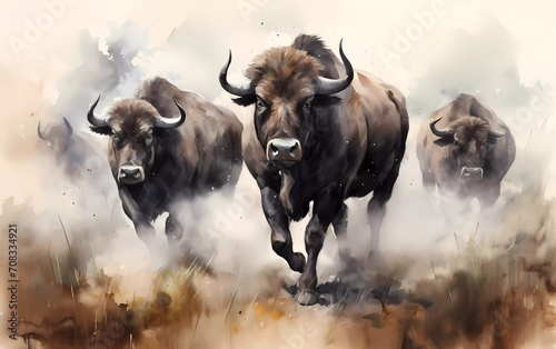 Artistic image of a herd of buffalo. collection of canvas art animal paintings, in watercolor style. generative ai
