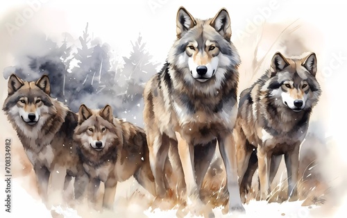 Artistic image of a wolf pack. collection of canvas art animal paintings, in watercolor style. generative ai