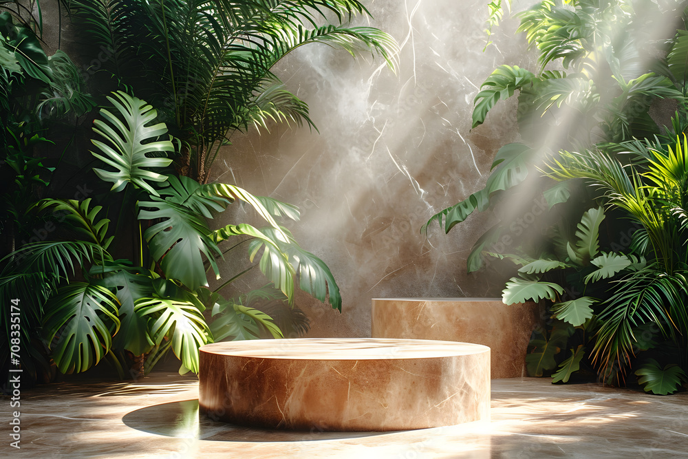 Marble Podium Circular tropical natural leafs plants, cosmetic product placement pedestal present promotional stand showcase scene for product presentation
Marble Podium Circular tropical natural leafs plants, cosmetic product placement pedestal present promotional stand showcase scene for product presentation