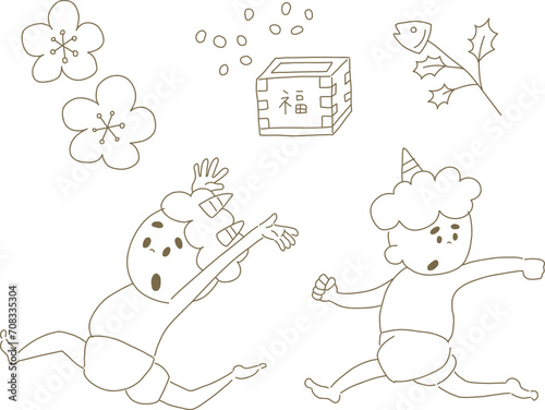 節分で逃げる鬼と節分に関するイラスト