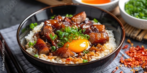 Taiwanese Braised Pork with rice and egg. Asian food concept. AI generated image. 