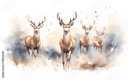 Artistic image of a herd of deer. collection of canvas art animal paintings, in watercolor style. generative ai © KBL Sungkid