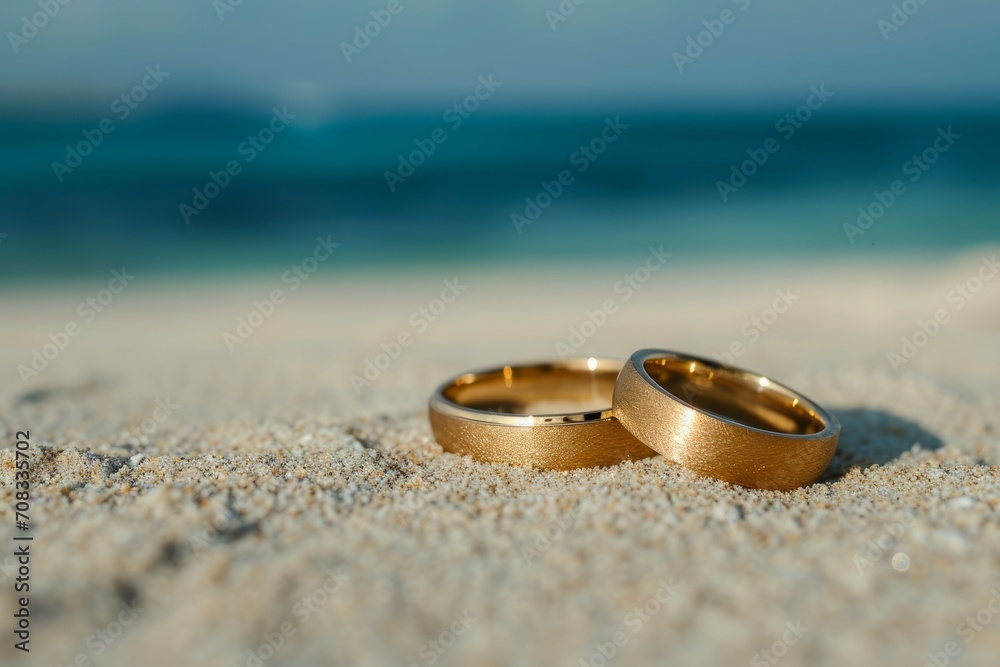close up view, a Pair of gold wedding rings on tropical island beach during summer with blue ocean background, honeymoon or wedding concept... close up view, a Pair of gold wedding rings on tropical island beach during summer with blue ocean background, honeymoon or wedding concept...