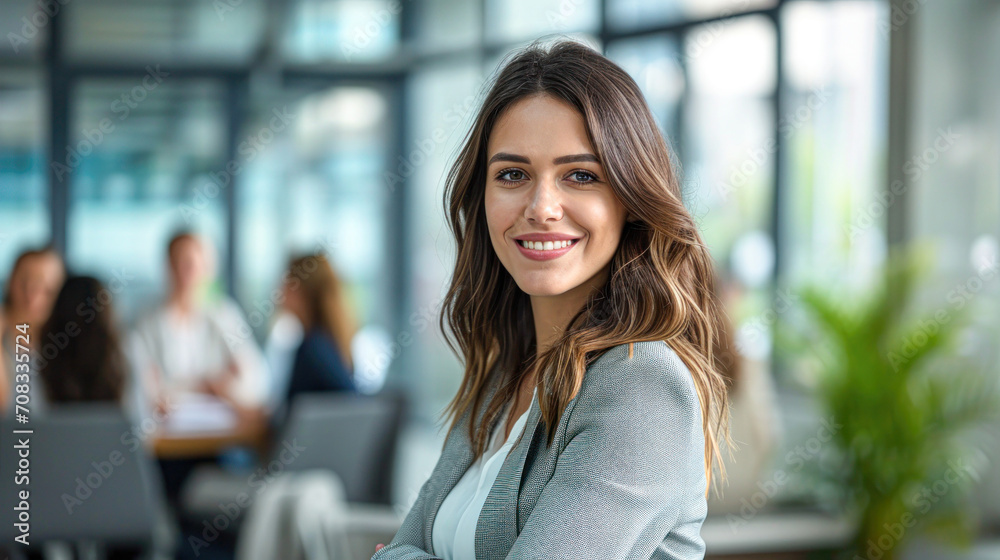 Business woman with her staff, people group in background at modern bright office indoors. Business woman with her staff, people group in background at modern bright office indoors.