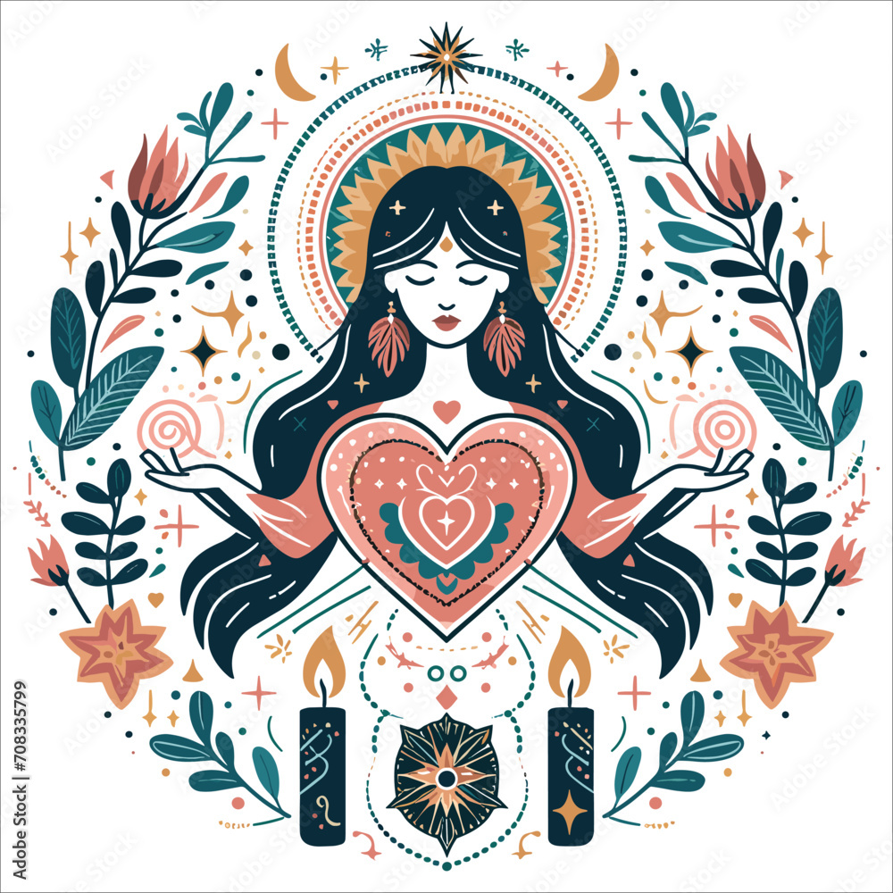 Boho sacred heart reiki magic woman mystical symbol flat holistic healing meditation new age concepta Boho sacred heart reiki magic woman mystical symbol flat holistic healing meditation new age concepta