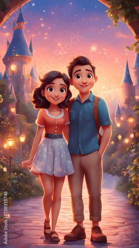 Cute couple in the magical city digital illustrator 