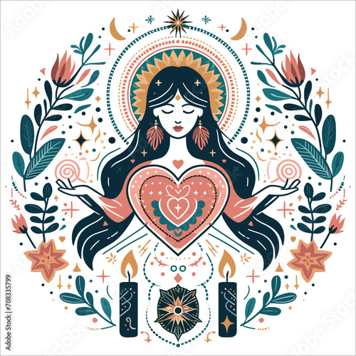 Boho sacred heart reiki magic woman mystical symbol flat holistic healing meditation new age concepta