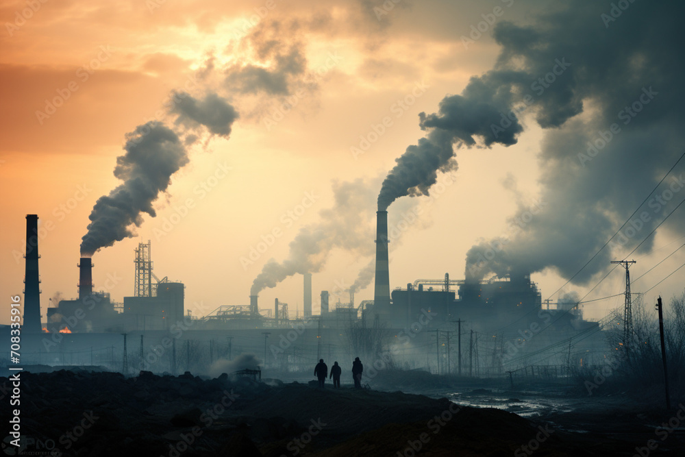 Industrial landscape with heavy pollution produced by a large factory. Ambient air pollution environmental industrial emissions. Industry zone, thick smoke plumes. Climate change, ecology